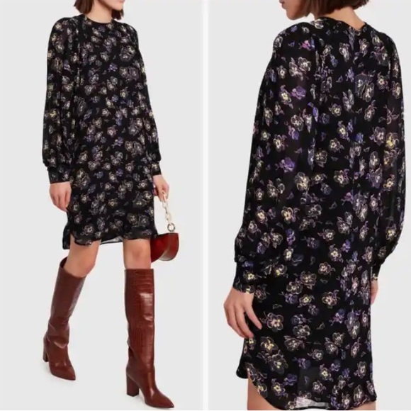 Ganni Black Purple Floral Georgette Mini Dress - Picture 2 of 7